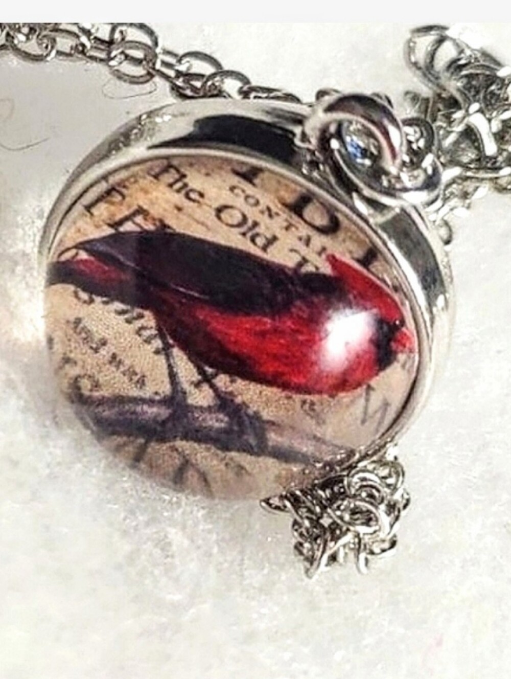 Round Red Cardinal Bird Pendant Necklace